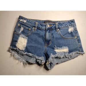 PS ERIN‎ WASSON Distressed Denim Cutoff Shorts Boho Festival Tribal Pockets 27